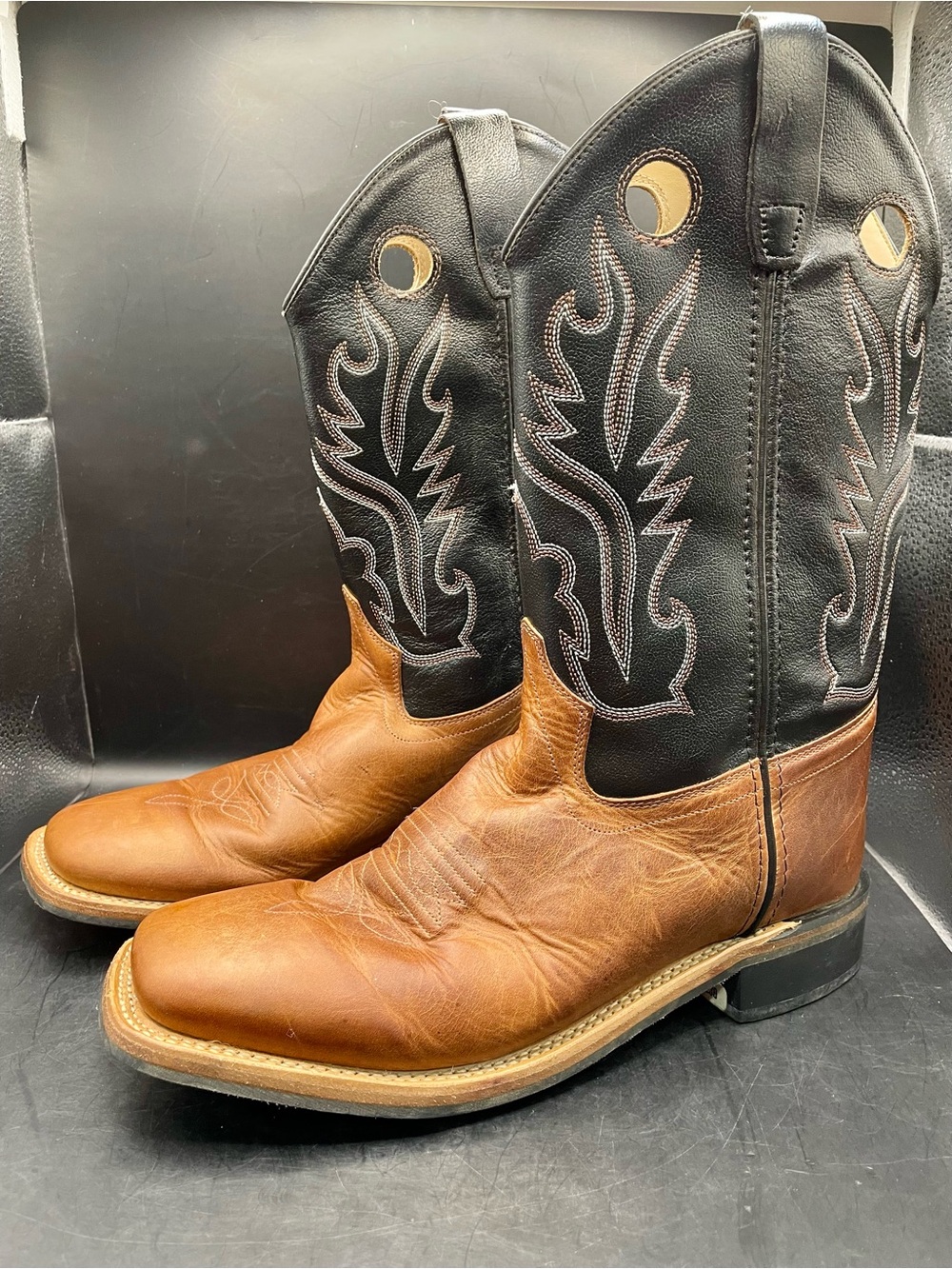 Old West Childrens Broad Square Toe Boots Sz 7 Black Brown Leather BSY 1814